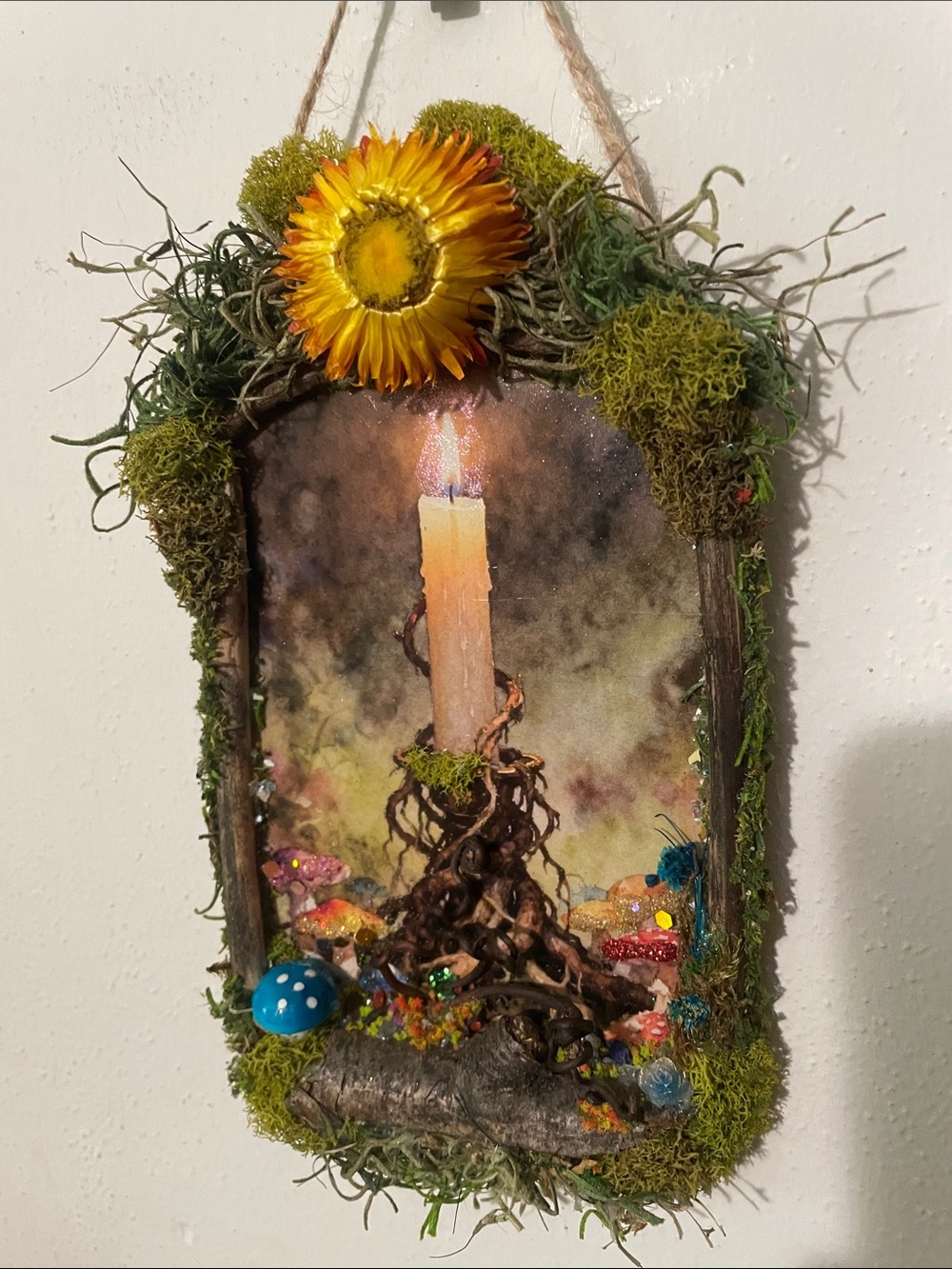Lit Candle and mushrooms print with handcrafted border forestcore magical decor